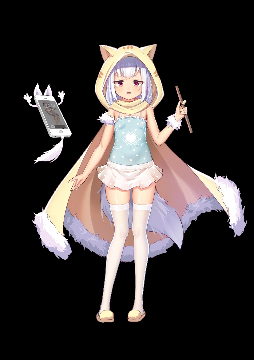 1girl animal_ears black_background blue_camisole blue_hair breasts brown_cloak brown_skirt camisole cellphone cloak fake_animal_ears flute full_body fur_trim hood instrument miniskirt original phone polka_dot polka_dot_camisole red_eyes shebaotower short_hair simple_background skirt slippers small_breasts smartphone smile solo tail thigh-highs white_legwear wolf_ears wolf_tail zettai_ryouiki