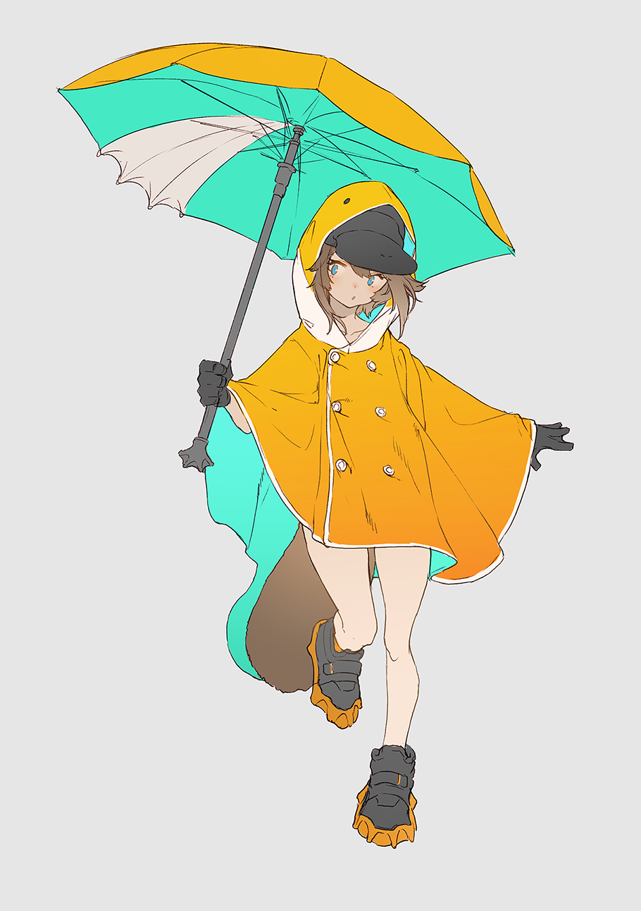 1girl animal_hat baseball_cap black_footwear black_gloves black_headwear blue_eyes brown_hair buttons coat collarbone commentary_request full_body gloves grey_background hat highres holding holding_umbrella hood hood_up hooded_coat kemono_fabric mogumo original outstretched_arm platypus_tail raincoat shoes simple_background solo umbrella yellow_coat yellow_umbrella