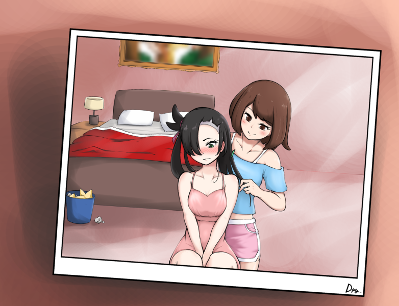 2girls asymmetrical_bangs asymmetrical_hair bangs bare_shoulders bed between_legs blue_shirt blush brown_eyes brown_hair closed_mouth comb combing dokuropg dress hand_between_legs indoors long_hair looking_at_another looking_down mary_(pokemon) multiple_girls nose_blush off-shoulder_shirt off_shoulder photo_(object) pink_dress pink_shorts pokemon pokemon_(game) pokemon_swsh shirt short_dress short_hair shorts sitting smile t-shirt trash trash_can undercut used_tissue v_arms yuri yuuri_(pokemon)