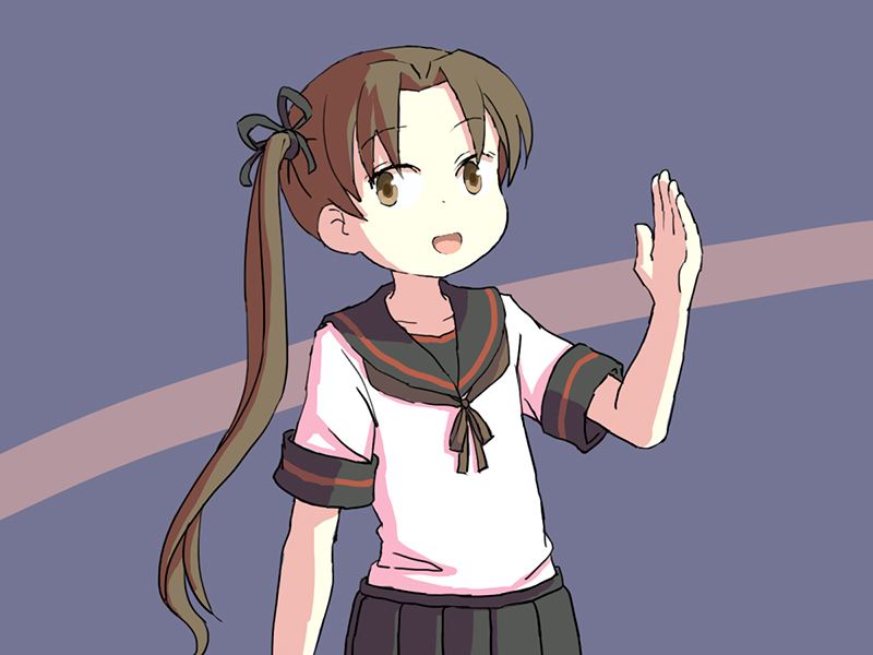 1girl adrian_ferrer ayanami_(kantai_collection) black_sailor_collar black_skirt brown_eyes brown_hair brown_neckwear commentary cowboy_shot english_commentary kantai_collection long_hair neckerchief pleated_skirt purple_background remodel_(kantai_collection) sailor_collar school_uniform serafuku side_ponytail skirt solo two-tone_background waving