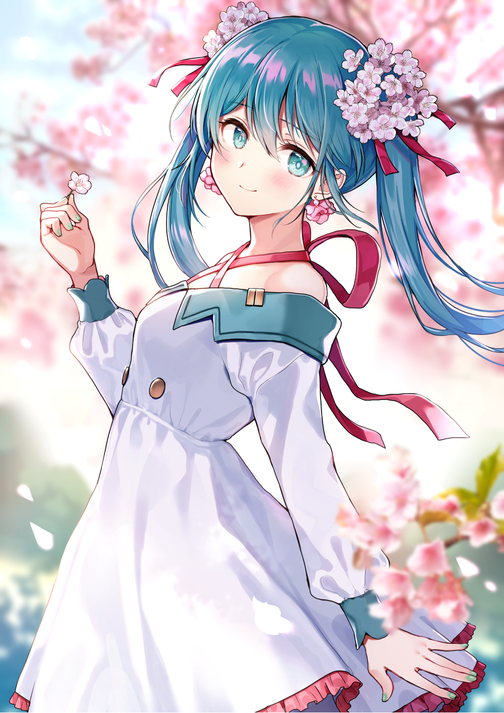 1girl aqua_eyes aqua_hair bangs bare_shoulders blue_sky blurry blurry_background blurry_foreground blush breasts buttons cherry_blossoms commentary_request day dress earrings eyebrows_visible_through_hair falling_petals flower flower_earrings frilled_dress frills green_nails hair_between_eyes hair_flower hair_ornament hair_ribbon hatsune_miku highres holding holding_flower jewelry long_hair long_sleeves looking_at_viewer medium_breasts nishizawa off-shoulder_dress off_shoulder outdoors profile red_ribbon ribbon sidelocks sky smile solo spring_(season) standing tree twintails upper_body vocaloid white_dress