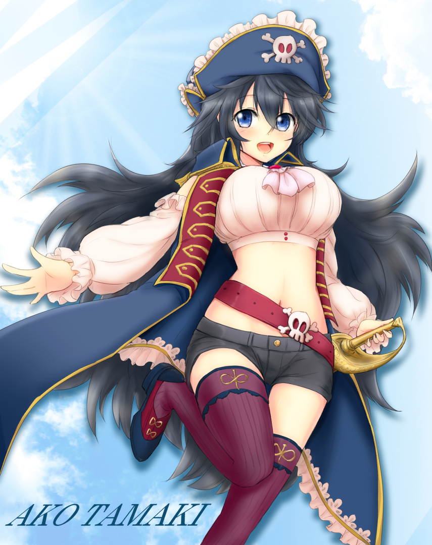 1girl :d ascot bangs belt black_hair blue_background blue_coat blue_eyes blue_footwear breasts character_name clouds coat commentary_request cowboy_shot crop_top cutlass_(sword) denim denim_shorts drop_shadow epaulettes eyebrows_visible_through_hair frilled_sleeves frills hair_between_eyes hat holding holding_sword holding_weapon large_breasts loafers long_hair long_sleeves looking_at_viewer messy_hair midriff navel netoge_no_yome_wa_onna_no_ko_janai_to_omotta? open_mouth pink_belt pirate pirate_costume pirate_hat purple_legwear sheath sheathed shirt shoes short_shorts shorts shoulder_cutout sidelocks skull_and_crossbones smile solo standing standing_on_one_leg striped striped_legwear sword tamaki_ako teina thigh-highs upper_teeth vertical-striped_legwear vertical_stripes weapon white_shirt
