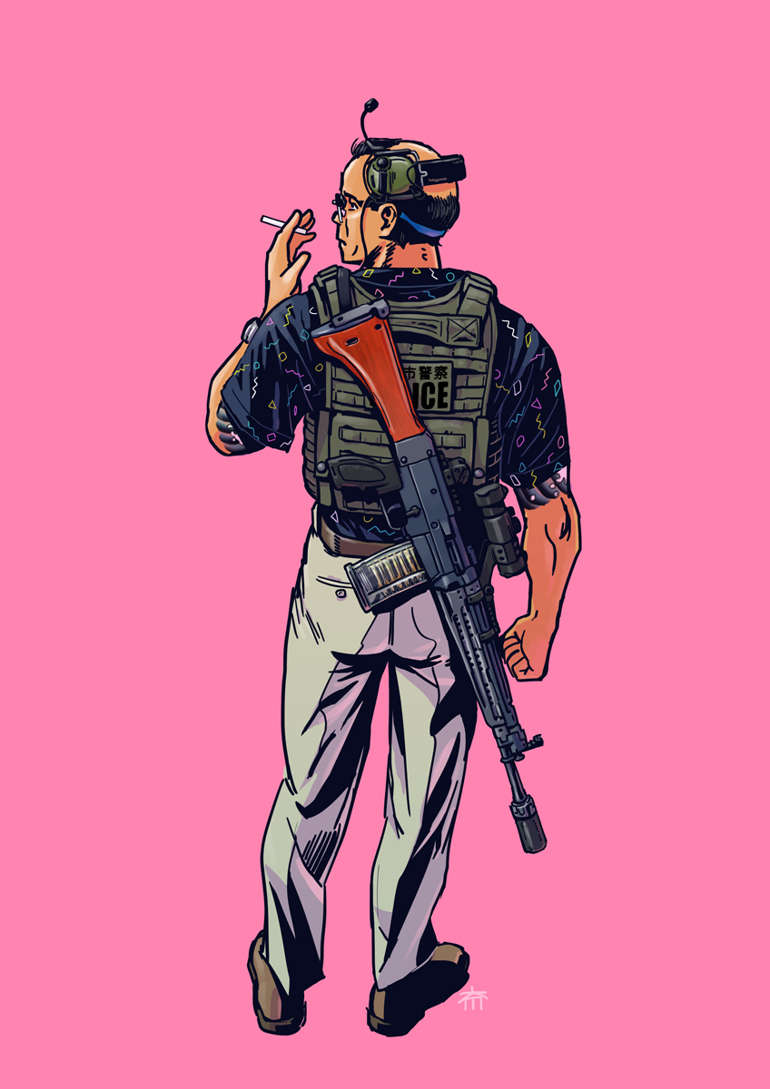 1boy balding battle_rifle black_hair cigarette commentary facing_away full_body glasses gun headset highres howa_type_64 load_bearing_vest male_focus original pink_background rifle smoking solo weapon yoh_(yoh_ill)