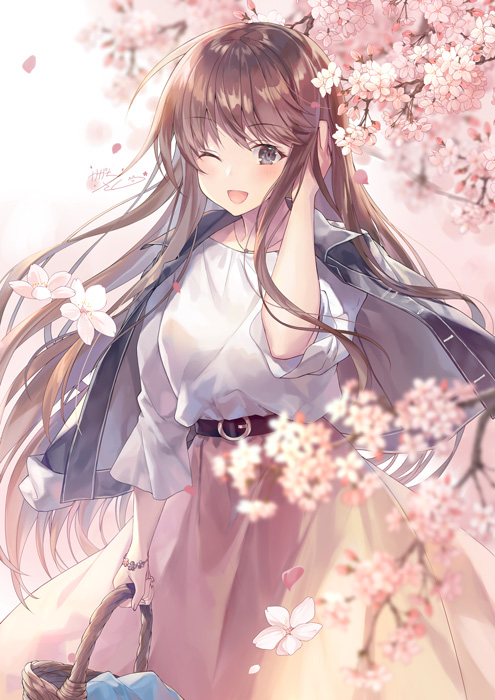 1girl bangs basket beige_skirt black_jacket blush breasts brown_eyes brown_hair cherry_blossoms commentary_request eyebrows_visible_through_hair holding holding_basket jacket jewelry kagachi_saku long_hair long_skirt looking_at_viewer medium_breasts necklace one_eye_closed open_mouth original shirt signature skirt solo white_shirt