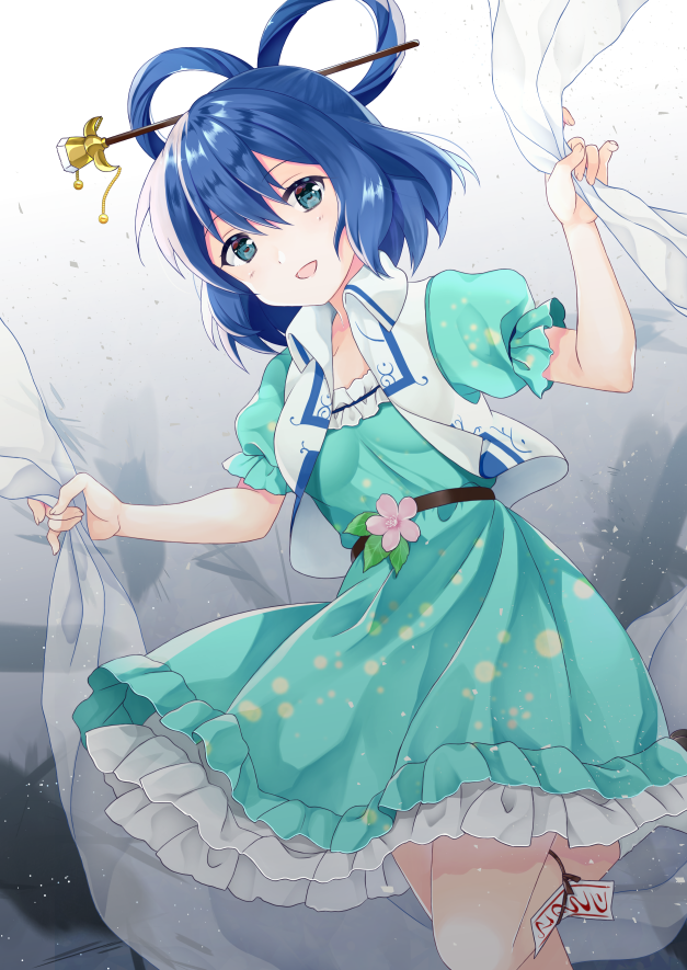 1girl abstract_background belt blue_dress blue_hair breasts clothes_grab commentary_request cowboy_shot dress feet_out_of_frame flower folded_leg grey_background hagoromo hair_between_eyes hair_ornament hair_rings hair_stick kaku_seiga leaning_to_the_side nekosugi_(hoshi) ofuda open_clothes open_vest petticoat pink_flower puffy_short_sleeves puffy_sleeves shawl short_hair short_sleeves small_breasts solo standing standing_on_one_leg touhou vest white_legwear white_vest