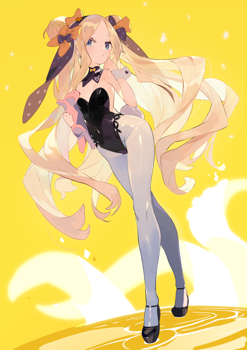1girl abigail_williams_(fate/grand_order) animal_ears bangs bare_shoulders black_bow black_leotard blonde_hair blue_eyes blush bow breasts bunny_tail fate/grand_order fate_(series) forehead full_body hajime_(hajime-ill-1st) highres legs leotard long_hair looking_at_viewer multiple_bows orange_bow parted_bangs polka_dot polka_dot_bow rabbit_ears sidelocks simple_background small_breasts solo stuffed_animal stuffed_toy tail teddy_bear twintails very_long_hair yellow_background