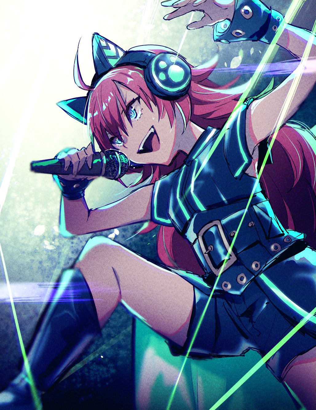 1girl :d ahoge armpit_hair bang_dream! bangs belt blue_eyes boots cat_ear_headphones corset headphones highres holding holding_microphone knee_boots long_hair microphone open_mouth paw_print redhead shiontaso shorts smile solo tamade_chiyu v-shaped_eyebrows very_long_hair wrist_cuffs