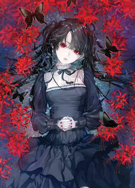 1girl bangs black_butterfly black_dress black_ribbon blunt_bangs breasts bug butterfly character_request commentary_request cowboy_shot dress empty_eyes flower grass hair_over_shoulder head_tilt insect interlocked_fingers ishizuekachiru long_hair long_sleeves looking_at_viewer lying lyrical_nanoha medium_breasts neck_ribbon on_back own_hands_together pale_skin plant puffy_long_sleeves puffy_sleeves purple_dress red_eyes red_flower red_nails ribbon ribbon_trim solo spider_lily twintails vines