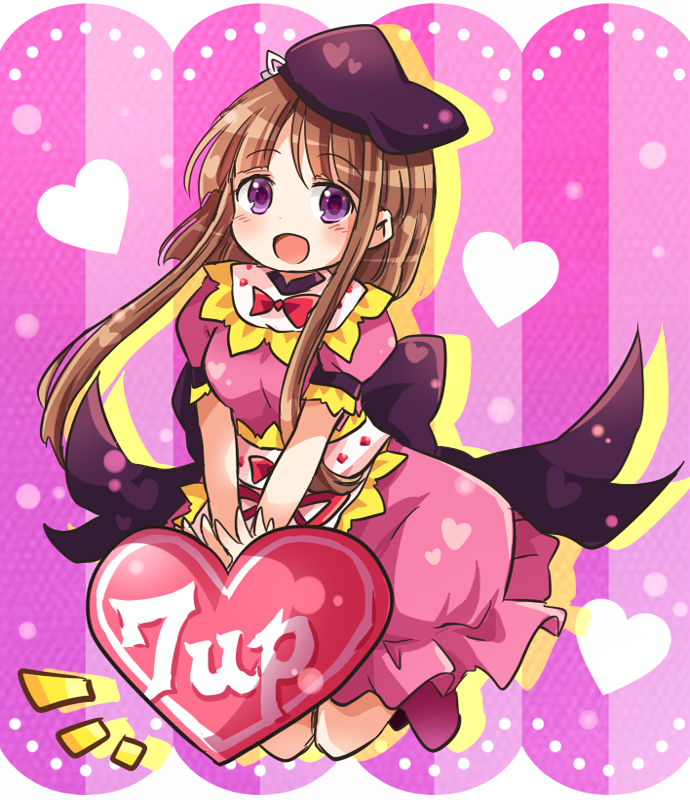 1girl 1up back_bow black_bow black_headwear bow bowtie brown_hair dress frilled_dress frills full_body hat heart heart-shaped_pupils kneeling looking_at_viewer nishida_satono notice_lines open_mouth pink_background pink_dress pote_(ptkan) power-up red_neckwear short_hair_with_long_locks short_sleeves solo striped striped_background symbol-shaped_pupils tate_eboshi touhou vertical-striped_background vertical_stripes violet_eyes