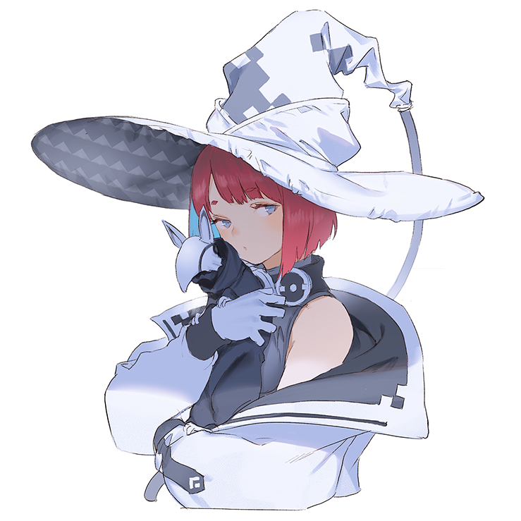 animal bangs black_shirt blue_eyes commentary_request gloves hat holding holding_animal jacket long_sleeves looking_at_viewer mogumo off_shoulder original redhead shirt short_hair simple_background sleeveless sleeveless_shirt upper_body white_background white_gloves white_headwear white_jacket witch witch_hat