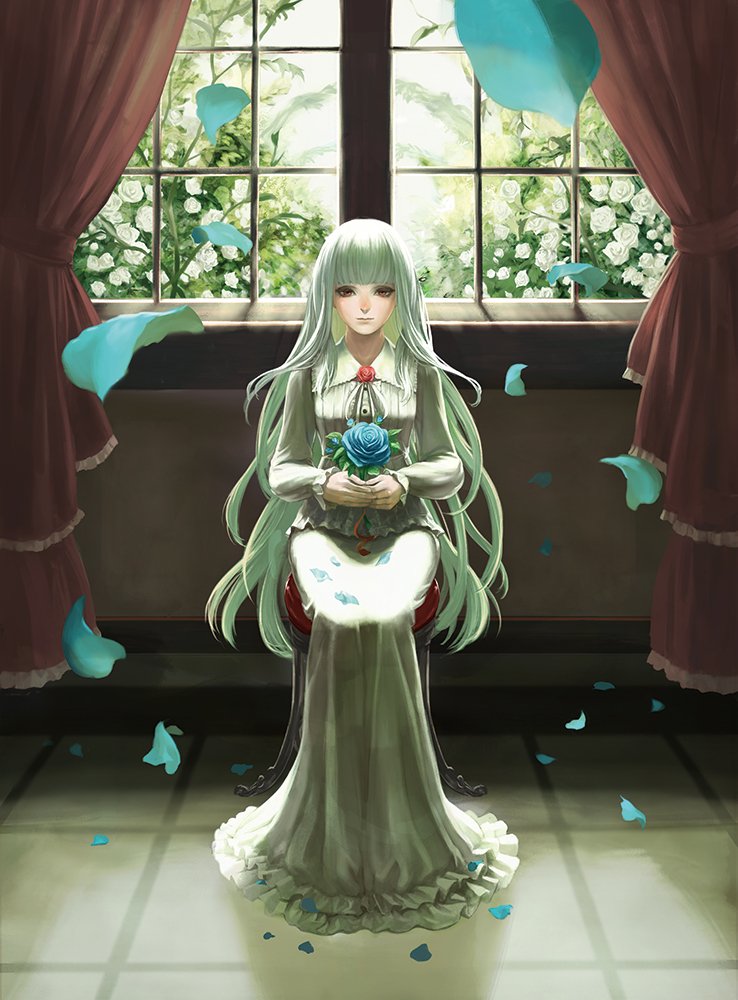 1girl albino bangs blue_flower blue_petals blue_rose blunt_bangs curtains dress fata_morgana_no_yakata flower flower_brooch full_body holding holding_flower long_dress long_hair long_sleeves looking_at_viewer moyatarou official_art petals red_eyes rose sitting solo straight_hair the_white-haired_girl white_dress white_flower white_hair white_rose window