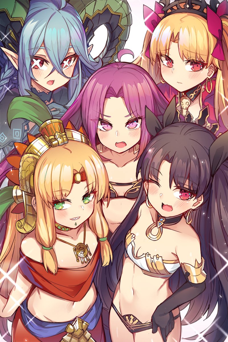 5girls aqua_hair bangs bare_shoulders black_hair blonde_hair blush breasts collarbone ereshkigal_(fate/grand_order) fate/grand_order fate_(series) gorgon_(fate) green_eyes highres ishtar_(fate)_(all) ishtar_(fate/grand_order) long_hair long_horns looking_at_viewer mou_tama_maru multiple_girls navel open_mouth purple_hair quetzalcoatl_(fate/grand_order) red_eyes small_breasts smile tiamat_(fate/grand_order) violet_eyes white_background younger