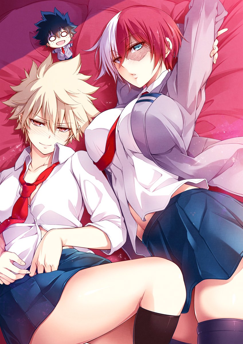 2girls bakugou_katsuki blonde_hair blush boku_no_hero_academia character_doll genderswap genderswap_(mtf) highres jacket looking_at_viewer lying midoriya_izuku multicolored_hair multiple_girls necktie omega_2-d shirt short_hair skirt spiky_hair todoroki_shouto two-tone_hair