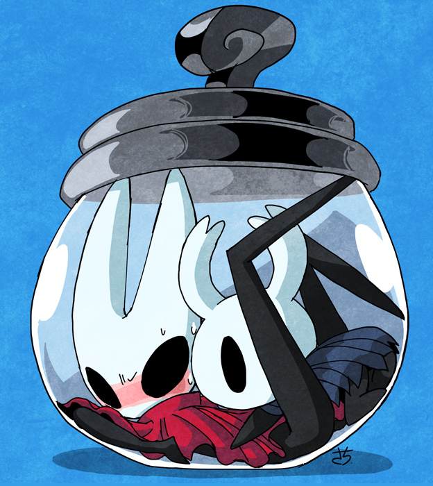 1girl 1other blue_background blush cloak hollow_eyes hollow_knight hornet_(hollow_knight) horns in_container knight_(hollow_knight) looking_at_another lying no_humans red_cloak sachy_(sachichy) signature simple_background sitting sweatdrop