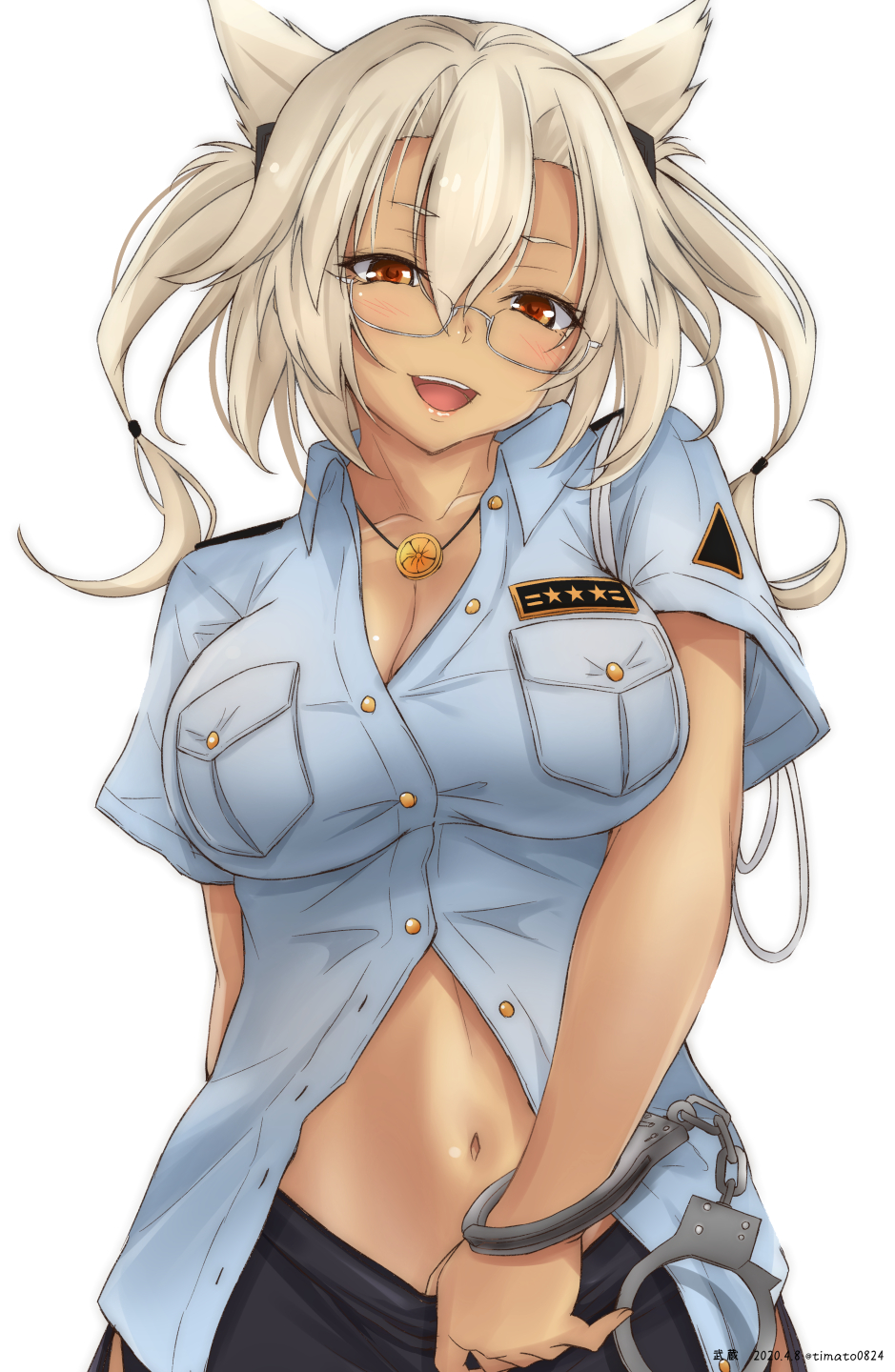 1girl black_pants blue_shirt blush breasts cuffs dark_skin eyebrows_visible_through_hair glasses gloves hair_between_eyes handcuffs highres jewelry kantai_collection large_breasts long_hair looking_at_viewer musashi_(kantai_collection) navel necklace open_mouth pants platinum_blonde_hair police police_uniform policewoman red_eyes shirt short_hair_with_long_locks short_sleeves simple_background smile solo timato uniform white_background