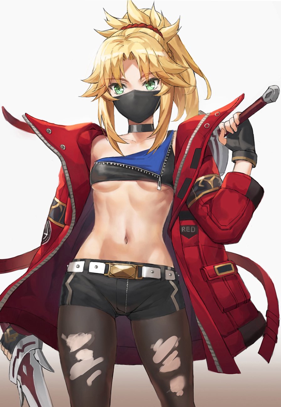 1girl alternate_costume belt black_choker black_gloves black_legwear black_shorts blonde_hair braid breasts choker collarbone commentary_request dual_wielding fate/grand_order fate_(series) fingerless_gloves gloves green_eyes hair_ornament hair_scrunchie highres holding holding_sword holding_weapon jacket long_hair long_sleeves looking_at_viewer mask mordred_(fate) mordred_(fate)_(all) mouth_mask navel open_clothes open_jacket pantyhose ponytail red_jacket red_scrunchie scrunchie short_shorts shorts solo sword tonee weapon white_belt