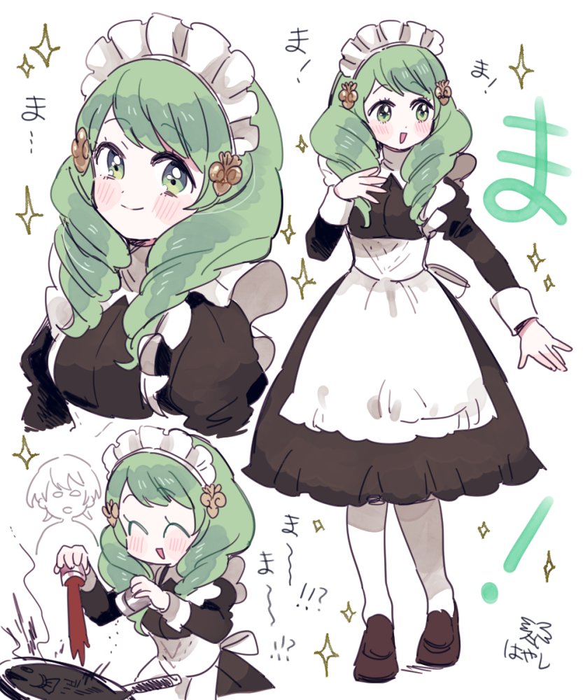 1boy 1girl byleth_(fire_emblem) byleth_eisner_(male) closed_eyes closed_mouth cooking fire_emblem fire_emblem:_three_houses fish flayn_(fire_emblem) frying_pan green_eyes green_hair hair_ornament long_hair long_sleeves maid maid_headdress multiple_views open_mouth prpr_icecream short_hair simple_background smile white_background