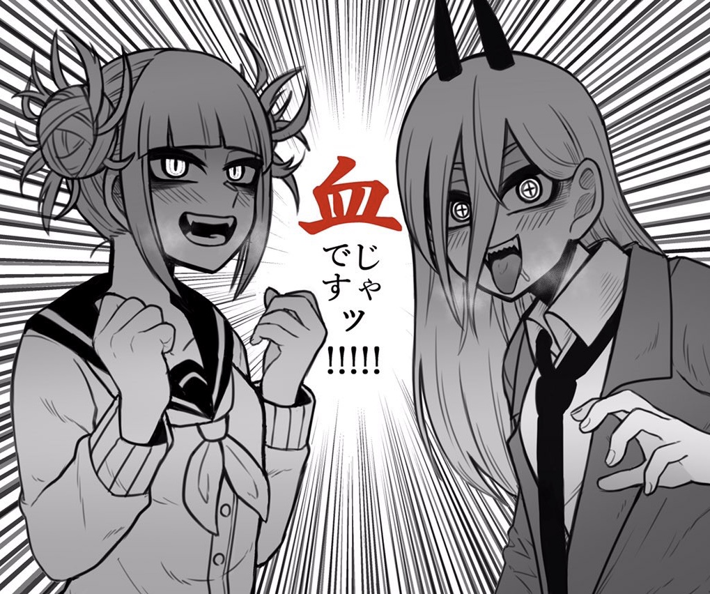 2girls blush boku_no_hero_academia chainsaw_man collar collarbone collared_shirt crossover demon_girl demon_horns double_bun fangs formal hair_between_eyes hand_up horns long_hair looking_at_viewer messy_hair monochrome multiple_girls necktie power_(chainsaw_man) sailor_collar saliva school_uniform sharp_teeth shirt slit_pupils smile sweater teeth toga_himiko tongue tongue_out trait_connection white_background