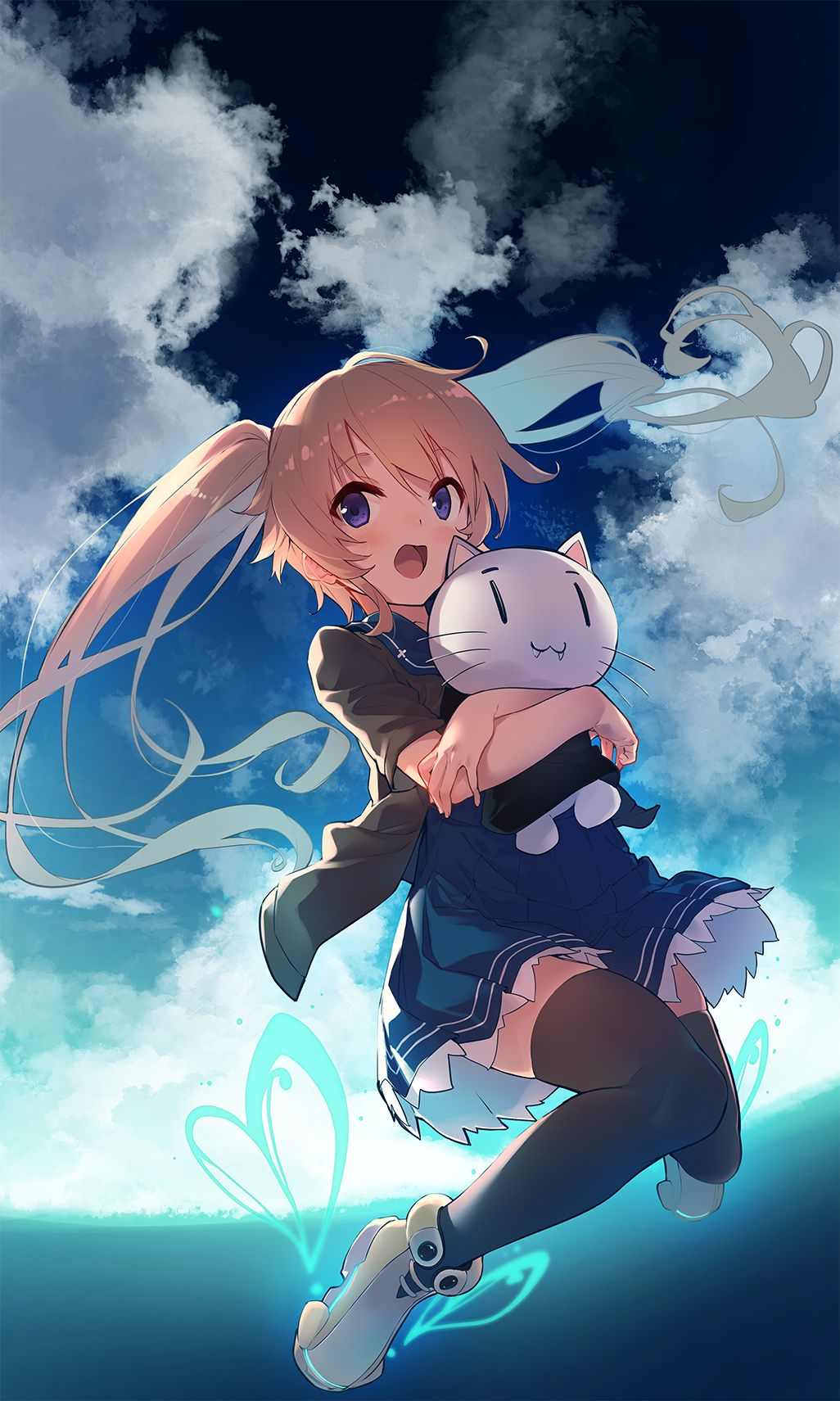 1girl :d ao_no_kanata_no_four_rhythm arisaka_mashiro bangs black_jacket black_legwear blue_sailor_collar blue_skirt blue_sky boots brown_footwear brown_hair clouds cloudy_sky commentary_request day eyebrows_visible_through_hair full_body hair_between_eyes highres jacket long_hair object_hug open_clothes open_jacket open_mouth outdoors pleated_skirt sailor_collar sawayaka_samehada short_sleeves skirt sky smile solo stuffed_animal stuffed_cat stuffed_toy thigh-highs thighhighs_under_boots twintails very_long_hair violet_eyes