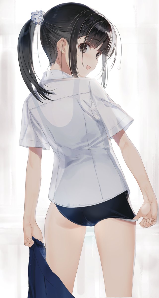 1girl adjusting_clothes ass bangs black_hair blue_skirt clothes_removed commentary_request eyebrows_visible_through_hair from_side grey_eyes hair_ornament hair_scrunchie highres holding indoors looking_at_viewer looking_back nakamura_takeshi one-piece_swimsuit open_mouth original school_swimsuit scrunchie see-through shiny shiny_hair shirt short_sleeves simple_background skirt skirt_around_one_leg smile solo swimsuit swimsuit_under_clothes thighs tied_hair white_shirt