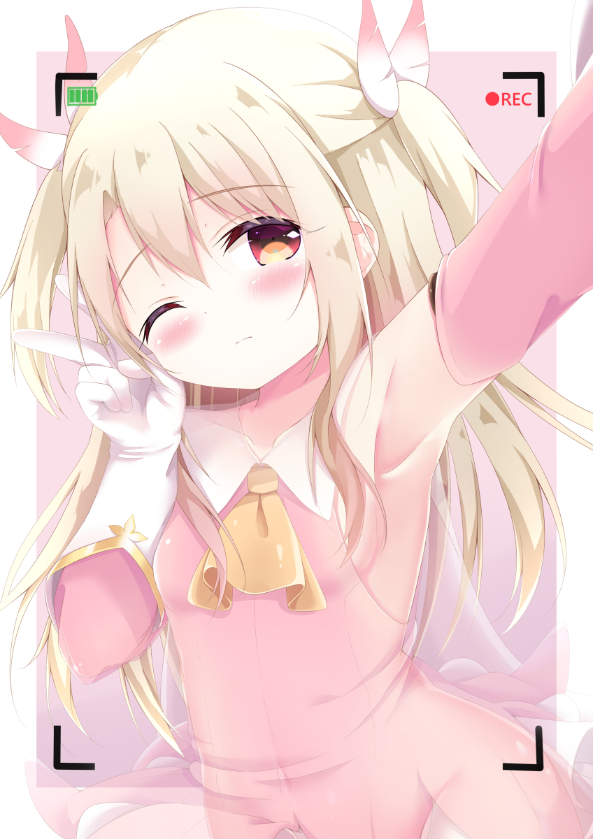 1girl armpits ascot bangs blush bow breasts brown_neckwear closed_mouth detached_sleeves dress eyebrows_visible_through_hair fate/kaleid_liner_prisma_illya fate_(series) feathers gloves hair_between_eyes hair_feathers hand_up highres illyasviel_von_einzbern kittipat_jituatakul light_brown_hair long_hair long_sleeves navel one_eye_closed outstretched_arm pink_bow pink_dress pink_sleeves reaching_out recording red_eyes sideboob small_breasts solo two-tone_background two_side_up v very_long_hair wavy_mouth white_background white_feathers white_gloves x-ray