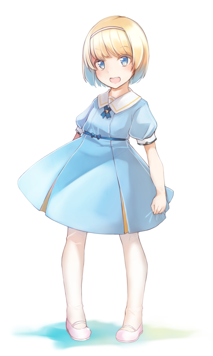 1girl :d bangs blonde_hair blue_dress blue_eyes comah dress eyebrows_visible_through_hair full_body hairband open_mouth original pantyhose pink_footwear pleated_dress puffy_short_sleeves puffy_sleeves sailor_collar sailor_dress shoes short_hair short_sleeves skirt_hold smile solo standing white_background white_hairband white_legwear white_sailor_collar