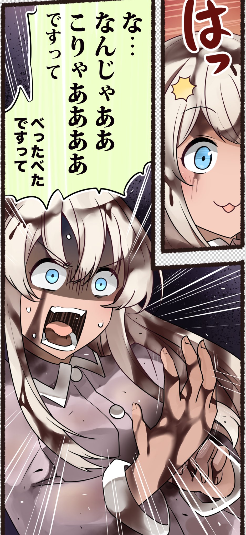 1girl :3 alternate_costume blonde_hair blue_eyes buttons cola commentary_request emphasis_lines flower hair_between_eyes hair_flower hair_ornament highres ido_(teketeke) kantai_collection long_hair long_sleeves open_mouth pink_flower ro-500_(kantai_collection) shaded_face solo translation_request wet work_in_progress