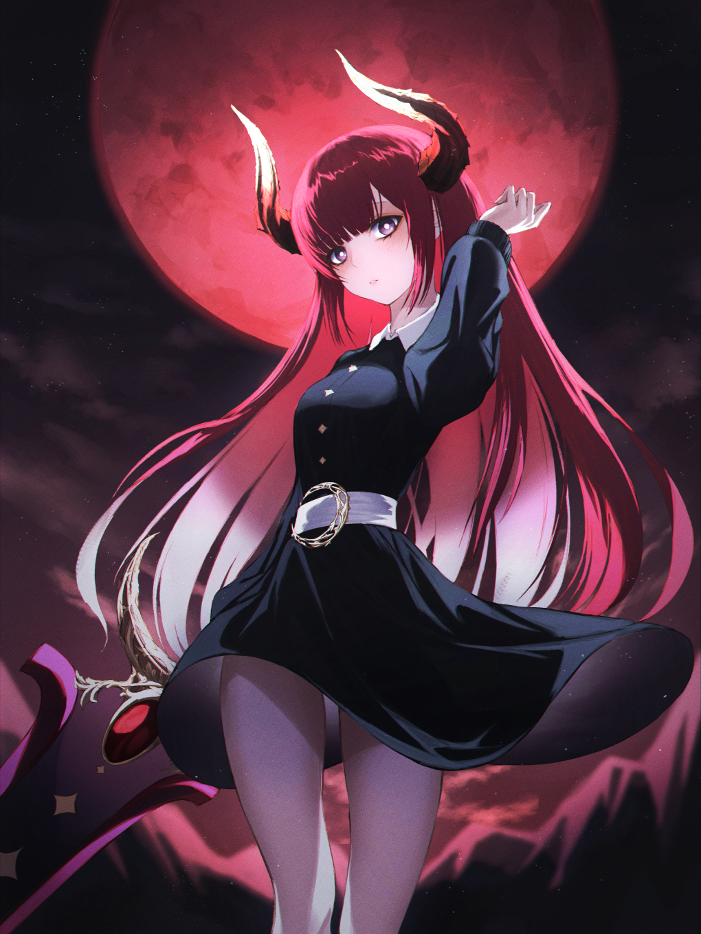 1girl bare_legs bright_pupils dress highres horns long_hair looking_at_viewer moon neon_(pixiv_31150749) original red_eyes red_moon sword weapon white_pupils