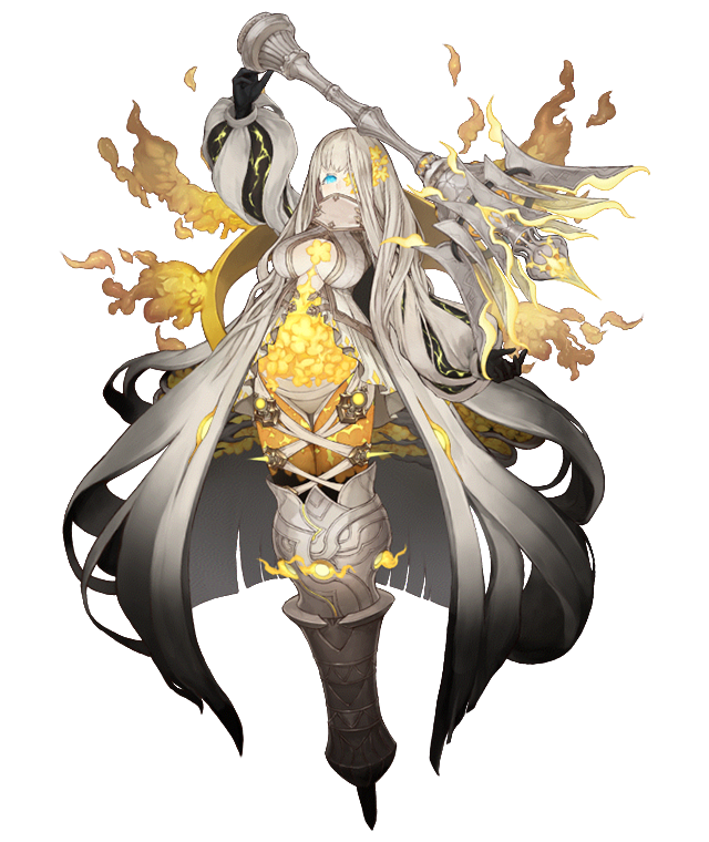 1girl blonde_hair blue_eyes breasts covered_mouth dark_persona empty_eyes flower full_body hair_flower hair_ornament hair_over_one_eye half-nightmare ji_no large_breasts long_hair looking_at_viewer mace official_art one_eye_covered pale_skin petals rapunzel_(sinoalice) sinoalice solo transparent_background very_long_hair weapon