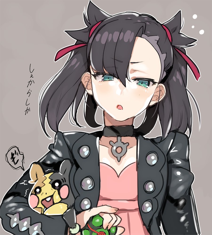 1girl asymmetrical_bangs asymmetrical_hair bangs black_choker black_hair black_jacket char choker commentary dress dusk_ball eyebrows_visible_through_hair frown gen_8_pokemon glaring grey_background hair_ribbon half-closed_eyes holding holding_poke_ball holding_pokemon jacket jewelry long_sleeves looking_at_viewer mary_(pokemon) medium_hair morpeko open_clothes open_jacket open_mouth outline pendant pink_dress poke_ball pokemon pokemon_(creature) pokemon_(game) pokemon_swsh red_ribbon ribbon solo translation_request trembling twintails undercut upper_body white_outline