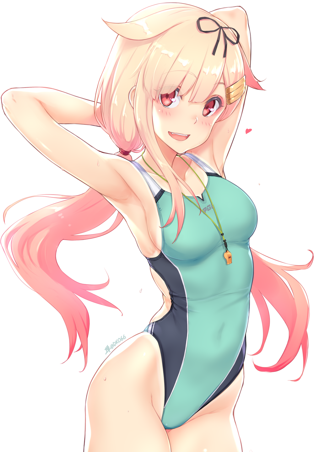 1girl :d aqua_swimsuit armpits arms_up bangs blonde_hair blush breasts collarbone competition_swimsuit dan_(kumadan) eyebrows_visible_through_hair hair_between_eyes hair_flaps hair_ornament hair_ribbon hairclip heart highleg highleg_swimsuit highres kantai_collection lips long_hair looking_at_viewer low_twintails medium_breasts one-piece_swimsuit open_mouth red_eyes remodel_(kantai_collection) ribbon sideboob simple_background smile solo swimsuit twintails whistle whistle_around_neck white_background yuudachi_(kantai_collection)