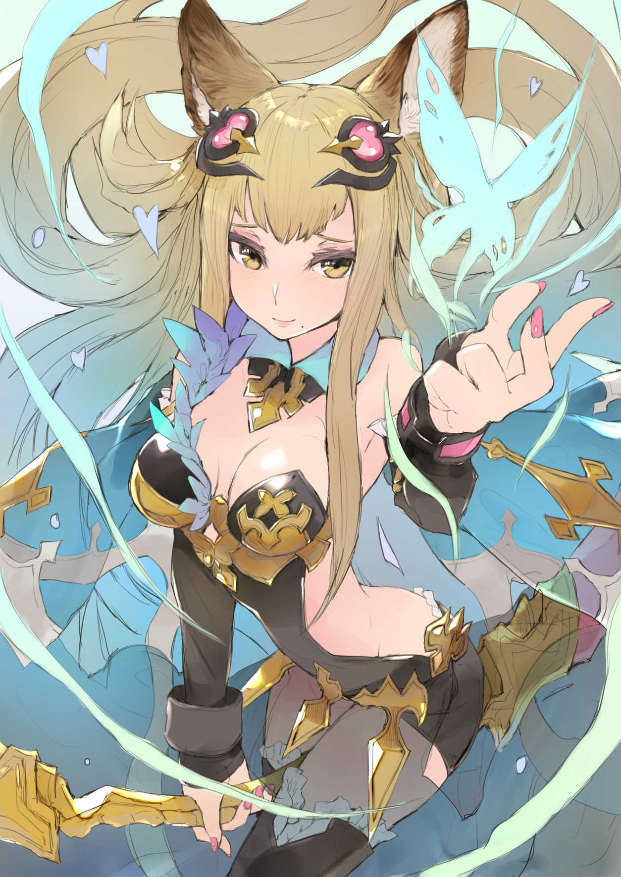 animal_ears bana_(stand_flower) bangs between_legs blonde_hair bow_(weapon) breasts bug butterfly erune granblue_fantasy hair_ornament heart highres insect large_breasts leotard long_hair metera_(granblue_fantasy) mole mole_under_mouth weapon