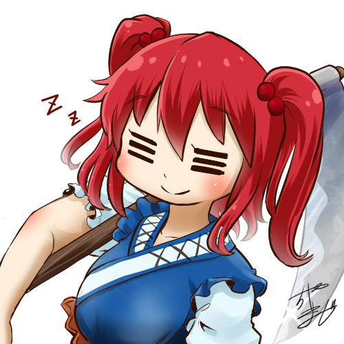 1girl avatar_icon blue_dress breasts chamaji closed_eyes commentary_request dress eyebrows_visible_through_hair hair_between_eyes hair_bobbles hair_ornament holding holding_scythe lowres medium_hair onozuka_komachi puffy_short_sleeves puffy_sleeves redhead scythe shirt short_sleeves signature sleeping smile solo touhou two_side_up white_background white_shirt zzz