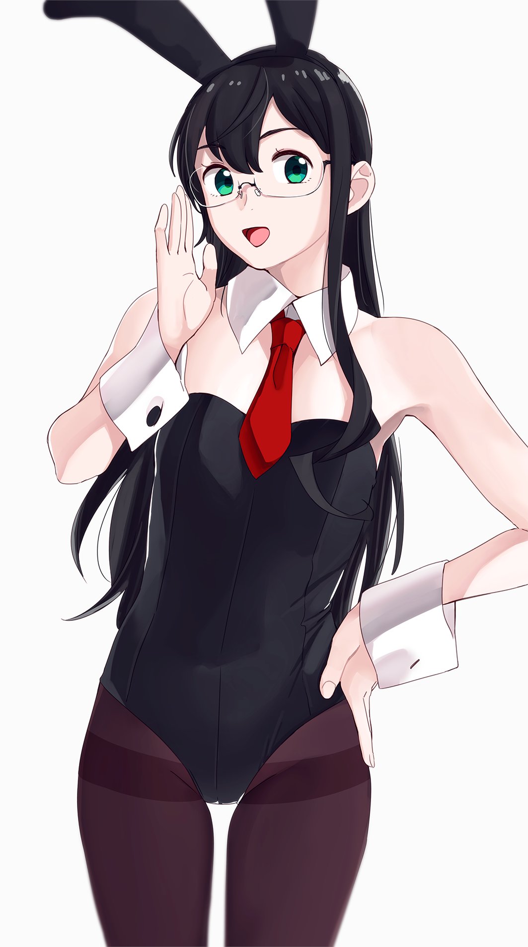 1girl animal_ears black_hair black_leotard breasts bunny_tail bunnysuit cowboy_shot detached_collar green_eyes hand_on_hip highres kantai_collection leotard long_hair looking_at_viewer necktie ojipon ooyodo_(kantai_collection) pantyhose rabbit_ears red_neckwear semi-rimless_eyewear simple_background small_breasts solo strapless strapless_leotard tail under-rim_eyewear white_background wrist_cuffs