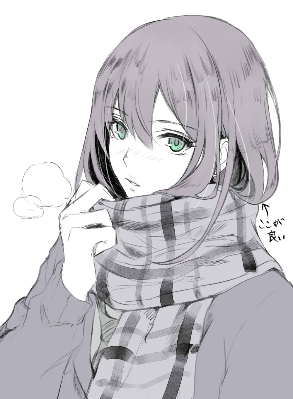 1girl blue_eyes breath enpera eyebrows_visible_through_hair hair_between_eyes highres long_hair long_sleeves looking_at_viewer monochrome original parted_lips pokimari scarf simple_background solo spot_color sweater translated upper_body white_background