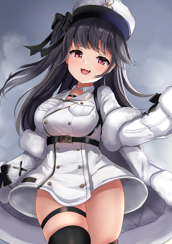 1girl azur_lane black_gloves black_hair black_legwear blush breasts coat commentary_request eyebrows_visible_through_hair fur_trim gloves hat large_breasts long_hair long_sleeves looking_at_viewer manda_(manda9n) open_mouth pamiat_merkuria_(azur_lane) partial_commentary smile solo thigh-highs violet_eyes white_headwear