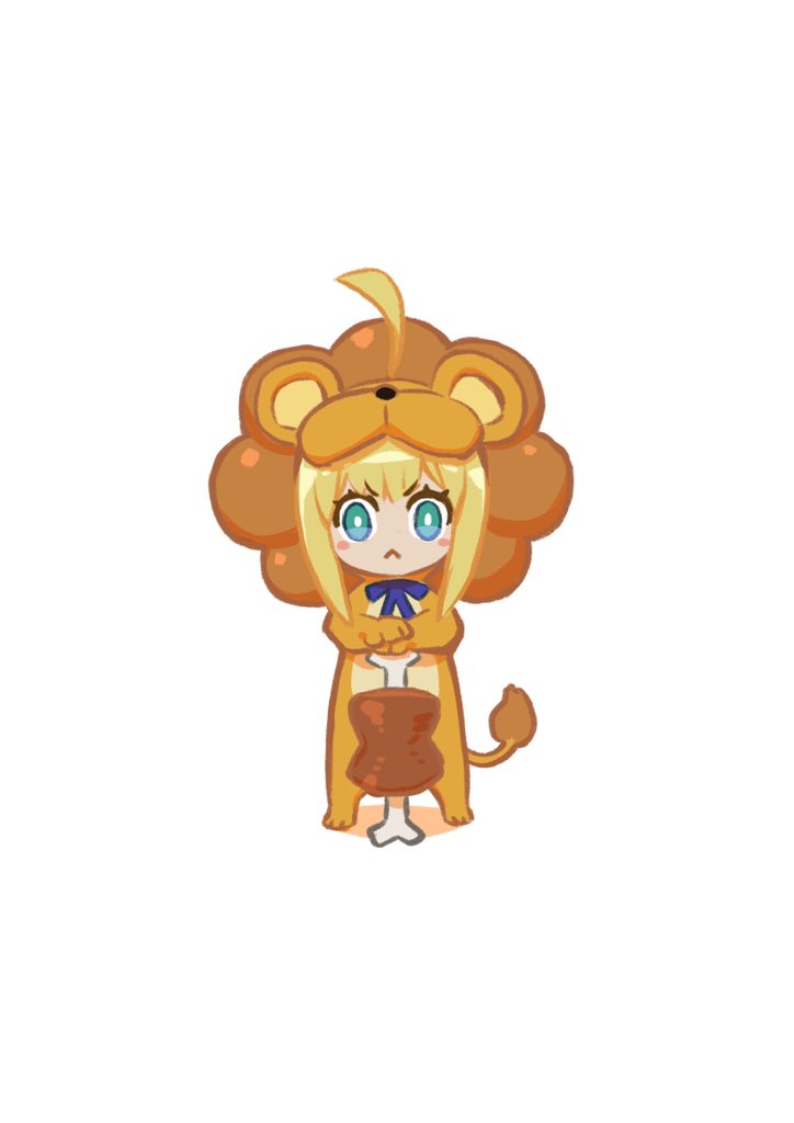 1girl :&lt; ahoge animal_costume aqua_eyes artoria_pendragon_(all) blonde_hair boned_meat chibi fate/tiger_colosseum fate/unlimited_codes fate_(series) food green_eyes lion_costume meat miwa_shirou planted_weapon saber_lion solo standing weapon