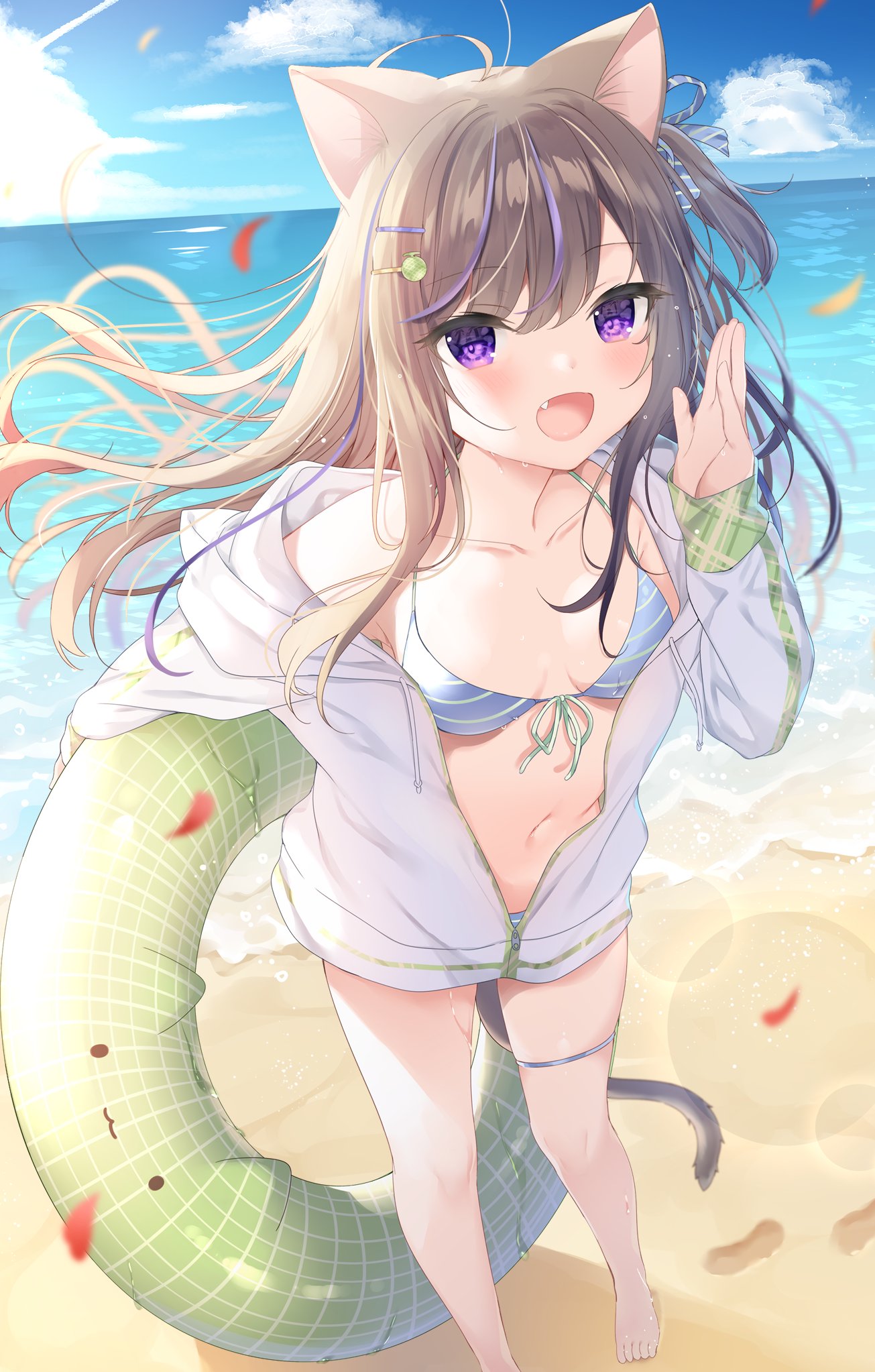 1girl :d animal_ears bangs bare_legs barefoot beach bikini blue_bikini blue_sky blush breasts brown_hair cat_ears cat_girl cat_tail clouds commentary_request day drawstring eyebrows_visible_through_hair fang floating_hair front-tie_bikini front-tie_top hair_between_eyes hair_ornament hairclip hand_up highres holding hood hood_down hooded_jacket horizon innertube jacket leo_(mafuyu) long_hair long_sleeves mafuyu_(chibi21) melon_hair_ornament multicolored_hair ocean open_clothes open_jacket open_mouth original outdoors purple_hair sand sky sleeves_past_wrists small_breasts smile solo standing streaked_hair striped striped_bikini swimsuit tail very_long_hair violet_eyes water white_jacket