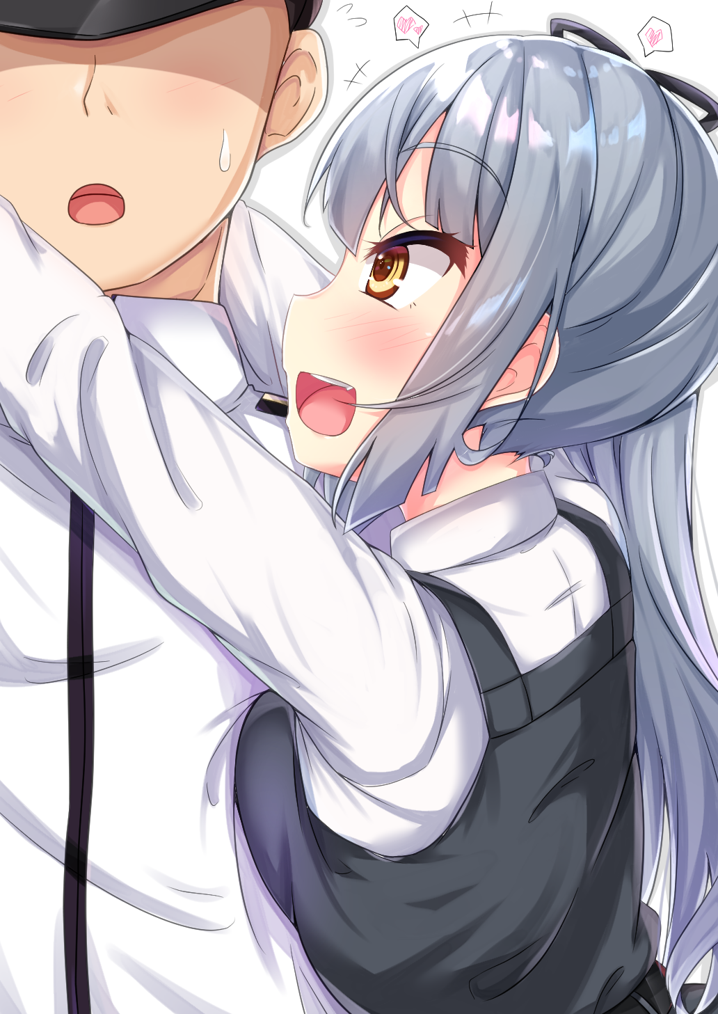 1boy 1girl admiral_(kantai_collection) blush breast_press breasts eyebrows_visible_through_hair faceless faceless_male grey_hair hat heart highres hug kantai_collection kasumi_(kantai_collection) long_hair niku114514810 open_mouth personality_switch ponytail shaded_face shiny shiny_hair shiny_skin shirt side_ponytail small_breasts sweat tied_hair uniform yellow_eyes