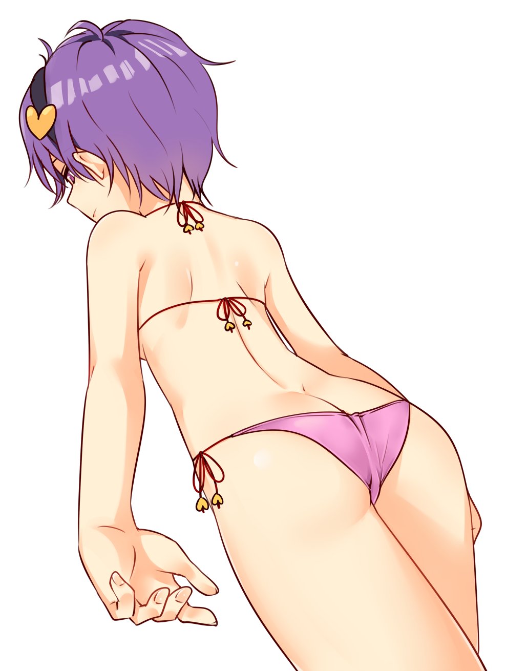 1girl ass bare_arms bare_shoulders bikini black_hairband butt_crack commentary_request cowboy_shot dutch_angle from_behind hair_ornament hairband heart heart_hair_ornament highres komeiji_satori miyo_(ranthath) pink_bikini purple_hair short_hair simple_background solo standing swimsuit thighs touhou violet_eyes white_background
