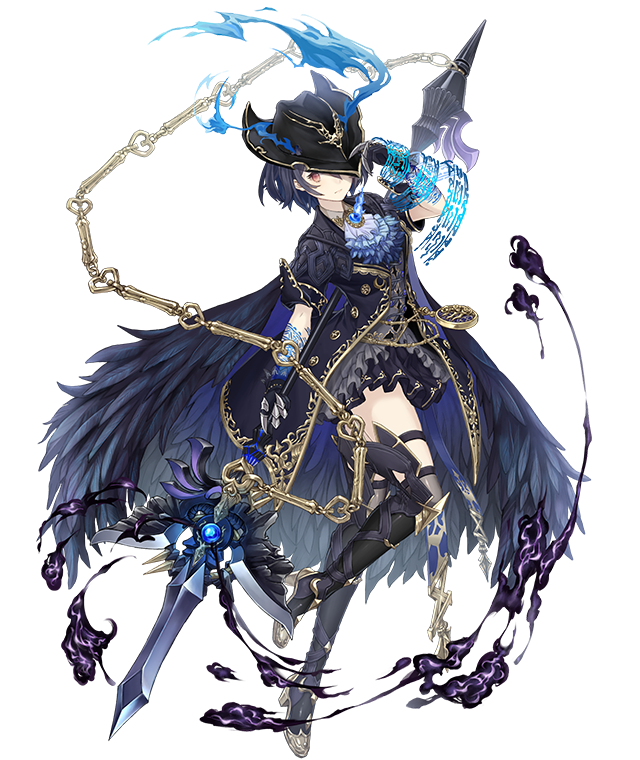 1girl adjusting_headwear alice_(sinoalice) boots brooch coat cravat dark_blue_hair feathers frills full_body gloves gold_trim hat hat_over_one_eye jewelry ji_no looking_at_viewer official_art pocket_watch polearm red_eyes short_hair sinoalice smoke solo spear tattoo thigh-highs thigh_boots transparent_background watch weapon