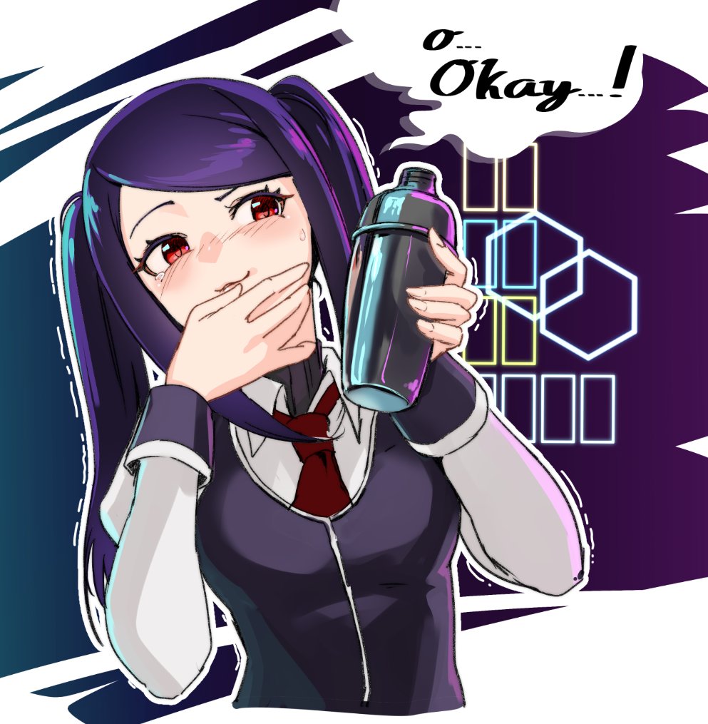 1girl collared_shirt commentary cropped_torso english_commentary english_text holding jill_stingray long_sleeves necktie purple_vest red_eyes red_neckwear seigetsu_kotaku shaker shirt sidelocks sleeve_cuffs smile solo sweat twintails upper_body va-11_hall-a vest violet_eyes