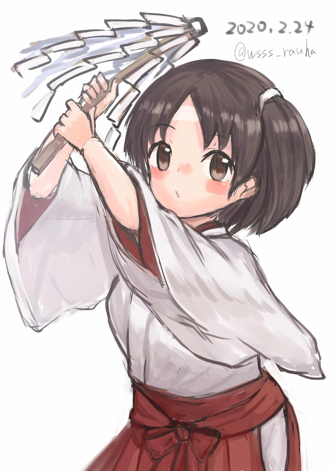 1girl alternate_costume bangs black_hair blush breasts brown_eyes dated eyebrows_visible_through_hair gohei hakama highres holding japanese_clothes kantai_collection kimono long_sleeves miko nagara_(kantai_collection) one_side_up open_mouth red_hakama short_hair simple_background solo twitter_username white_background white_kimono wide_sleeves wss_(nicoseiga19993411)