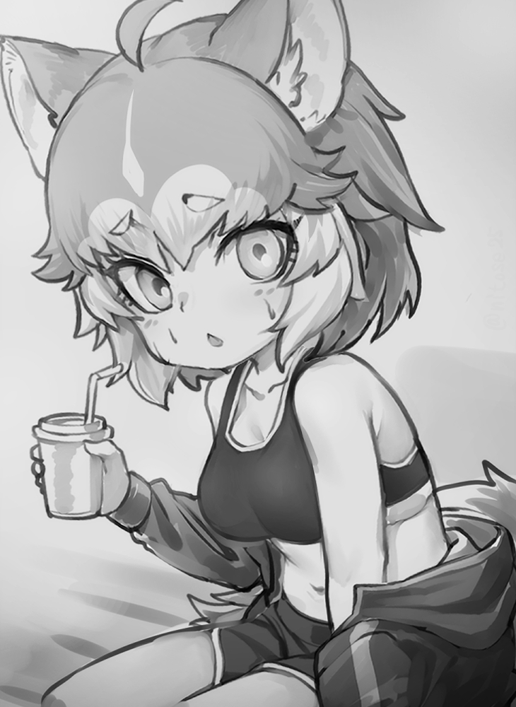 1girl ahoge animal_ears breasts cup dog_(mixed_breed)_(kemono_friends) dog_ears dog_tail drinking_straw eyebrows_visible_through_hair greyscale holding holding_cup jacket kemono_friends large_breasts looking_at_viewer monochrome multicolored_hair navel nyifu parted_lips short_hair solo sports_bra sweat tail track_jacket