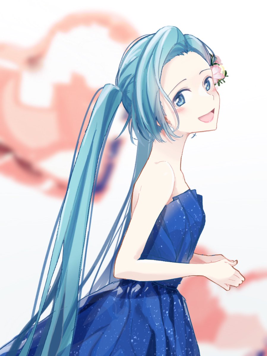 agonasubi aqua_eyes aqua_hair bangs bare_shoulders blue_dress blurry blurry_background blush commentary dress flower forehead from_side hair_flower hair_ornament hands_together hatsune_miku heart highres long_hair looking_at_viewer looking_to_the_side open_mouth smile strapless strapless_dress swept_bangs twintails very_long_hair vocaloid