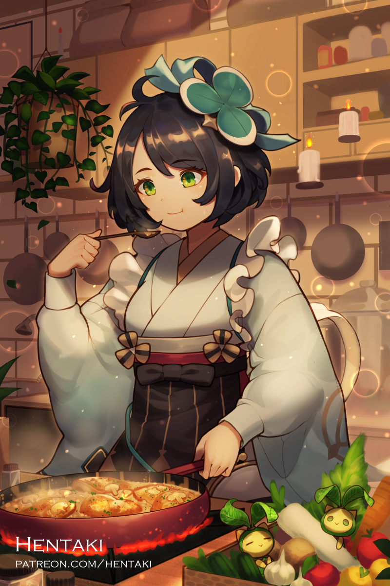 1girl :t artist_name bangs black_bow black_hair black_skirt bow breasts candle character_request closed_mouth commentary cookie dragalia_lost eating english_commentary eyebrows_visible_through_hair fire food frying_pan garlic green_eyes grey_kimono hair_ornament hentaki high-waist_skirt highres holding holding_spoon indoors japanese_clothes kimono kitchen long_sleeves short_hair skirt small_breasts smile solo spoon striped vertical-striped_skirt vertical_stripes watermark web_address