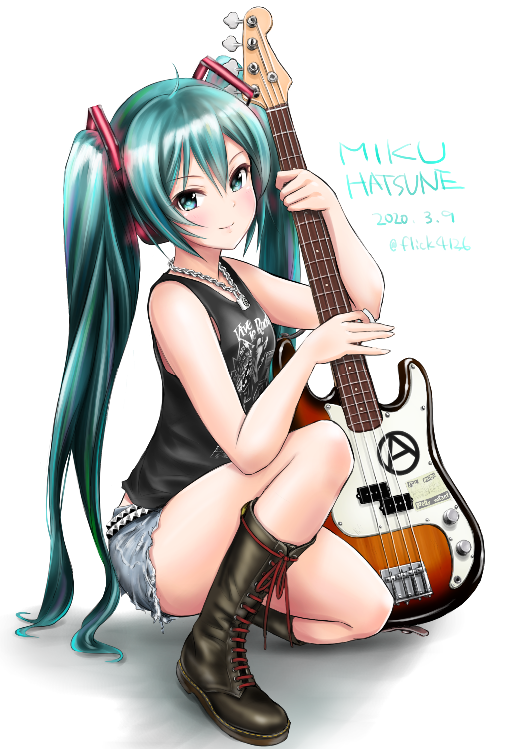 1girl 39 aqua_eyes aqua_hair bare_arms bare_shoulders bass_guitar black_footwear black_shirt boots character_name commentary_request cutoffs dated denim denim_shorts flick_(sal23) grey_shorts hair_ornament hatsune_miku highres holding instrument jewelry long_hair looking_at_viewer necklace one_knee shadow shirt short_shorts shorts simple_background sleeveless sleeveless_shirt smile solo thighs twintails very_long_hair vocaloid white_background