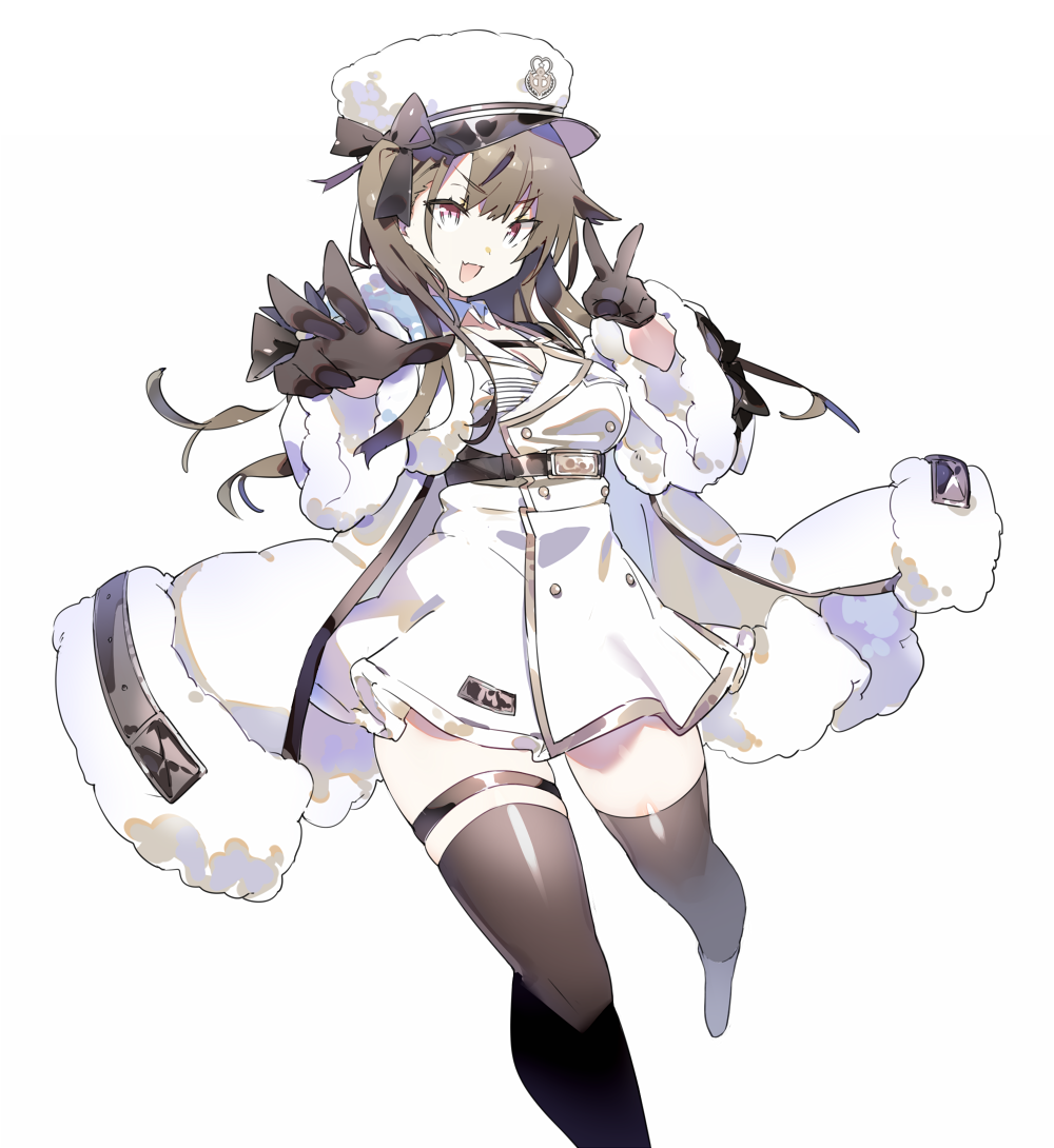 1girl :d azur_lane black_gloves black_hair black_legwear coat commentary_request eyebrows_visible_through_hair fur-trimmed_coat fur-trimmed_sleeves fur_trim gloves hat long_hair long_sleeves looking_at_viewer open_mouth pamiat_merkuria_(azur_lane) partial_commentary pink_eyes shirotae_moyashi simple_background smile solo thigh-highs thigh_strap twintails white_background zettai_ryouiki