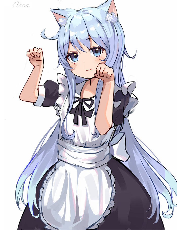 1girl alternate_costume animal_ear_fluff animal_ears apron artist_name back_bow bangs black_dress black_neckwear blue_eyes blue_hair blush bow cat_ears closed_mouth commentary_request dress enmaided eyebrows_visible_through_hair flat_chest hands_up happy hibiki_(kantai_collection) kantai_collection long_hair looking_at_viewer maid maid_apron moyasi3409854 neck_ribbon paw_pose puffy_short_sleeves puffy_sleeves ribbon shiny shiny_hair short_sleeves signature simple_background smile solo standing very_long_hair white_background