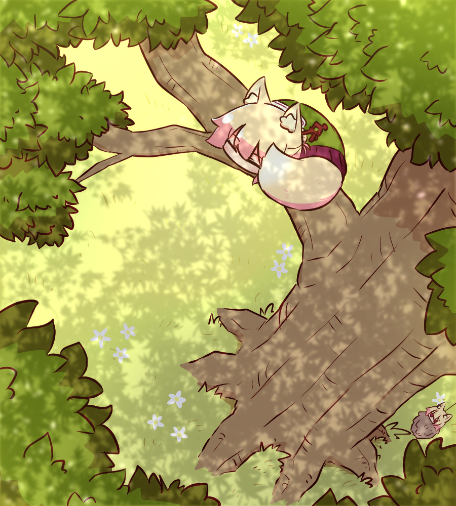 2girls animal_ear_fluff animal_ears bagworm bangs blush closed_eyes day eyebrows_visible_through_hair flower fox_ears fox_girl fox_tail from_above grass green_shirt hair_between_eyes hair_bun hair_ornament in_tree kemomimi-chan_(naga_u) lying multiple_girls naga_u on_stomach original outdoors pleated_skirt purple_skirt red_eyes sailor_collar shirt skirt solo_focus tail tree tree_shade white_flower white_sailor_collar